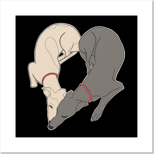 Adorable Greyhound dog design shaped in a heart with the word love inside, with a grey and a fawn greyhound with red collar details Wall Art by This Iggy Life